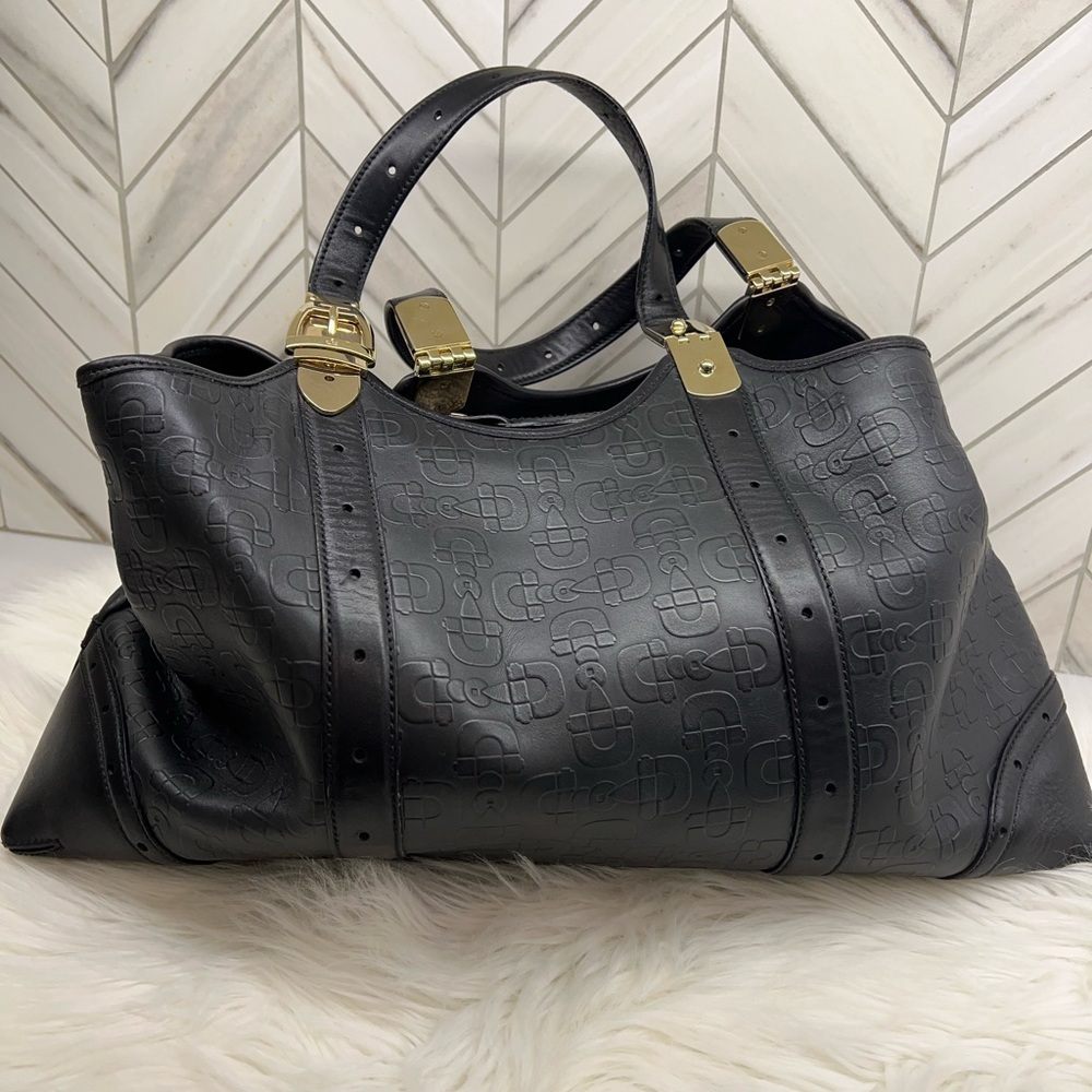 GUCCI Black Horsebit Embossed Leather Satchel Bag